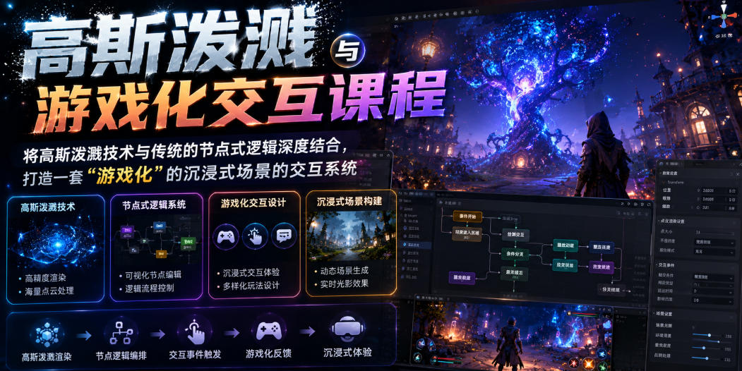 高斯泼溅与游戏化交互课程，将高斯泼溅技术与传统的节点式逻辑深度结合，打造一套“游戏化”的沉浸式场景的交互系统-网创之家