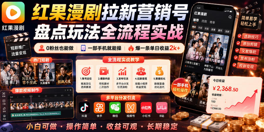 红果漫剧拉新营销号盘点玩法全流程实战，0粉丝也能做，一部手机就能做，爆一条单日收益2k+(更新0628)-网创之家