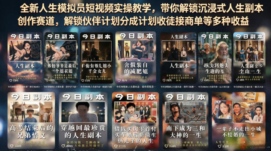 全新人生模拟员短视频实操教学，带你解锁沉浸式人生副本创作赛道，解锁伙伴计划分成计划收徒接商单等多种收益-网创之家