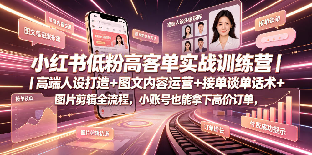 小红书低粉高客单实战训练营｜高端人设打造+图文内容运营+接单谈单话术+图片剪辑全流程，小账号也能拿下高价订单-网创之家