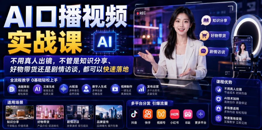 AI口播视频实战课，不用真人出镜，不管是知识分享、好物带货还是剧情访谈，都可以快速落地-网创之家
