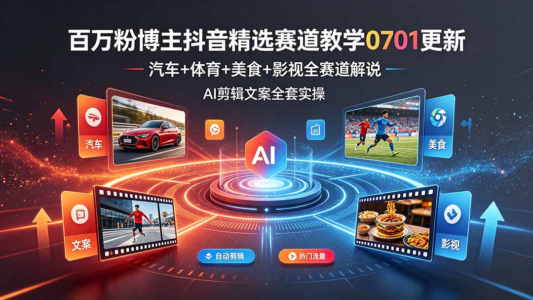 百万粉博主抖音精选赛道教学-0701更新，汽车+体育+美食+影视全赛道解说，AI剪辑文案全套实操-网创之家