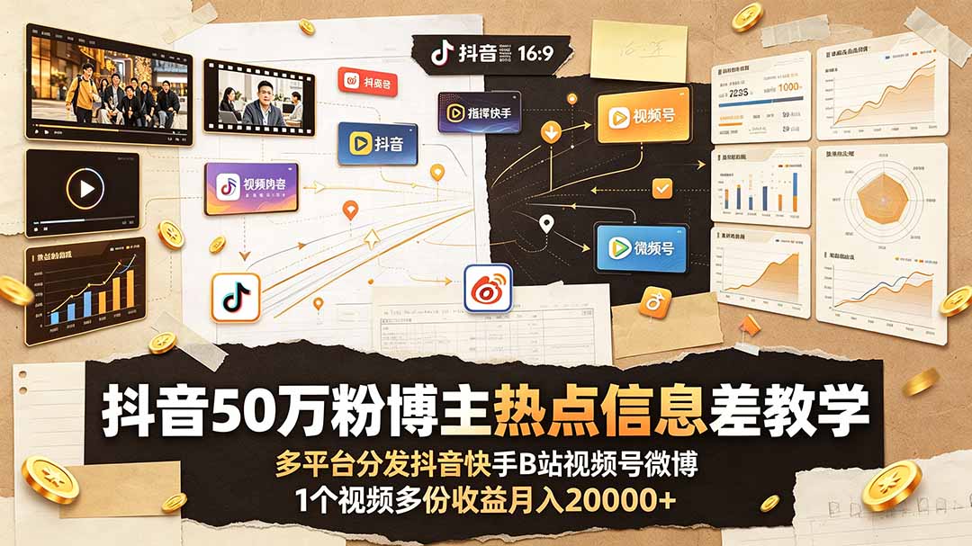 抖音50万粉博主热点信息差教学：多平台分发抖音快手B站视频号微博，1个视频多份收益月入20000+-网创之家