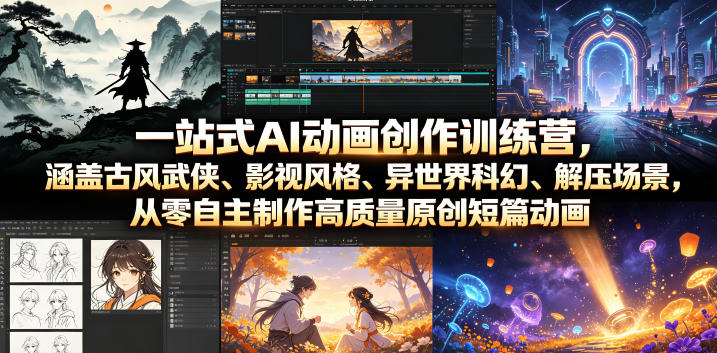 一站式AI动画创作训练营，涵盖古风武侠、影视风格、异世界科幻、解压场景，从零自主制作高质量原创短篇动画-网创之家