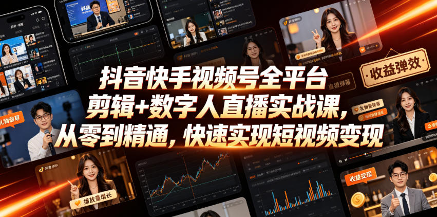 抖音快手视频号全平台剪辑+数字人直播实战课，从零到精通，快速实现短视频变现(更新2026年6月)​-网创之家
