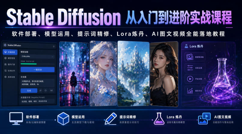 Stable Diffusion从入门到进阶实战课程｜软件部署、模型运用、提示词精修、Lora炼丹、AI图文视频全能落地教程-网创之家