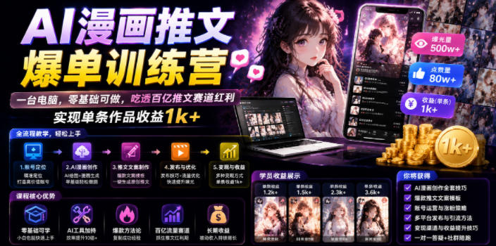 AI漫画推文爆单训练营，一台电脑，零基础可做，吃透百亿推文赛道红利，实现单条作品收益1k+-网创之家