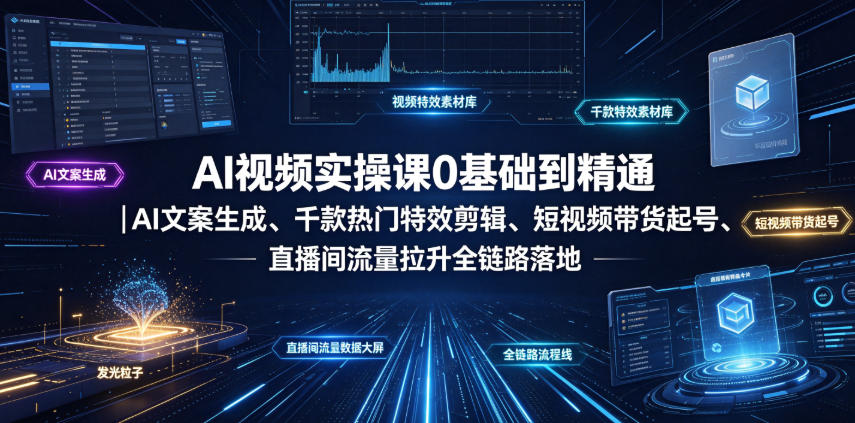 AI视频实操课0基础到精通｜AI文案生成、千款热门特效剪辑、短视频带货起号、直播间流量拉升全链路落地-网创之家