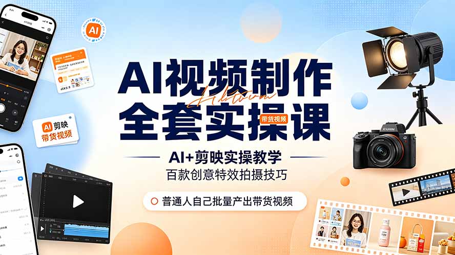 AI视频制作全套实操课，多款AI工具搭配剪映教学，百种特效运镜拍摄实操，抖音账号带货运营全覆盖-网创之家