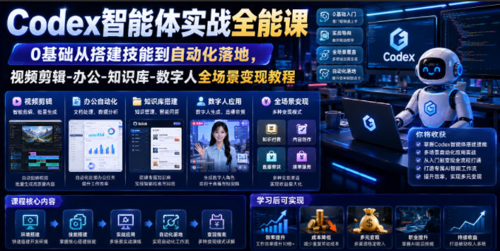 Codex智能体实战全能课｜0基础从搭建技能到自动化落地，视频剪辑-办公-知识库-数字人全场景变现教程-网创之家