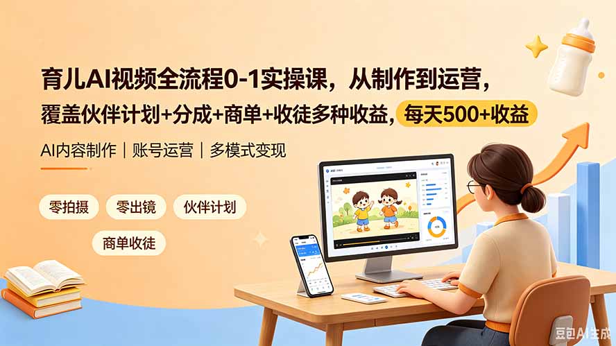 育儿AI视频全流程0-1实操课，从制作到运营，覆盖伙伴计划+分成+商单+收徒多种收益，每天500+收益-网创之家
