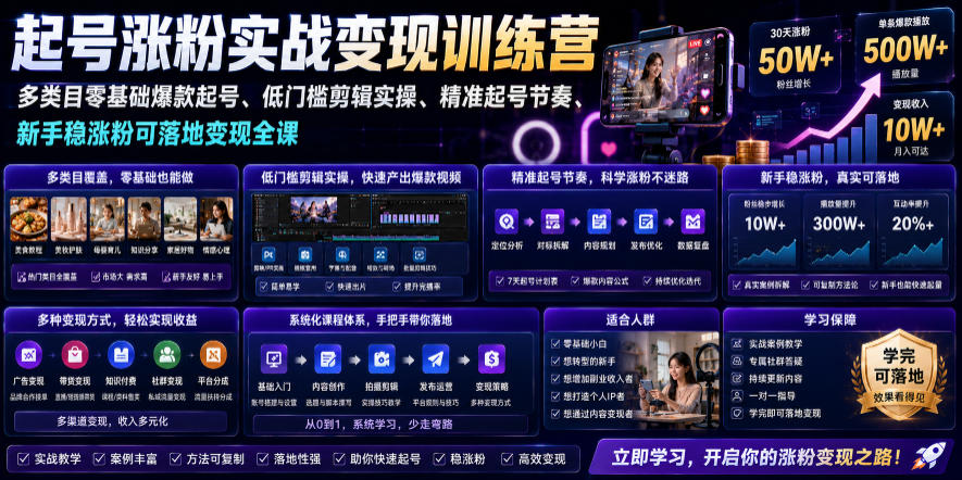 苗子起号涨粉实战变现训练营，多类目零基础爆款起号、精准起号节奏、新手稳涨粉可落地变现全课-网创之家