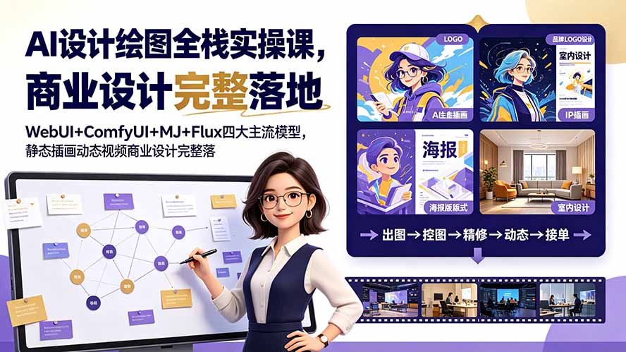 AI设计绘图全栈实操课，WebUI+ComfyUI+MJ+Flux四大主流模型，静态插画动态视频商业设计完整落地教程-网创之家
