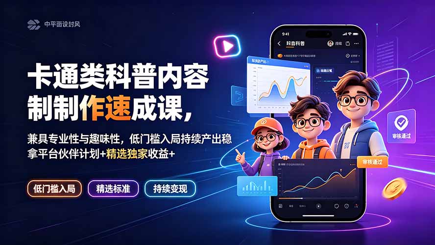 卡通类科普内容制作速成课，兼具专业性与趣味性，低门槛入局持续产出稳拿平台伙伴计划+精选独家收益-网创之家