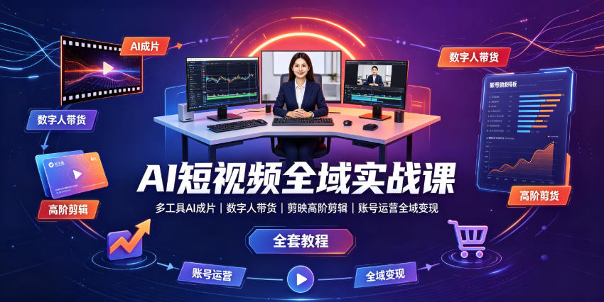AI短视频全域实战课|多工具AI成片、数字人带货、剪映高阶剪辑、账号运营全域变现全套教程-网创之家