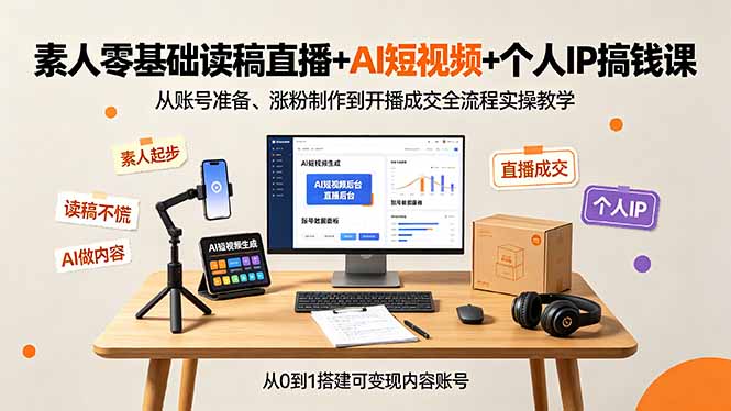 素人零基础读稿直播+AI短视频+个人IP搞钱课，从账号准备、涨粉制作到开播成交全流程实操教学-网创之家