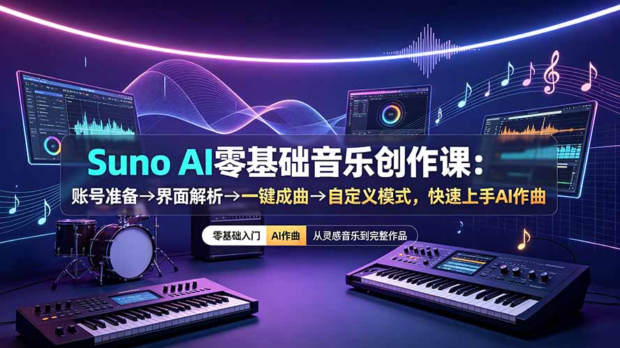 Suno AI零基础音乐创作课:账号准备→界面解析→一键成曲→自定义模式,快速上手AI作曲-网创之家