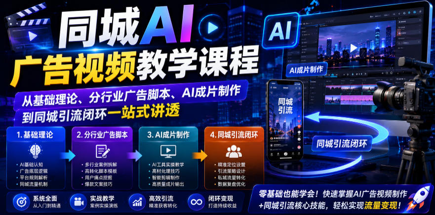 同城AI广告视频教学课程,从基础理论、分行业广告脚本、AI成片制作到同城引流闭环一站式讲透-网创之家