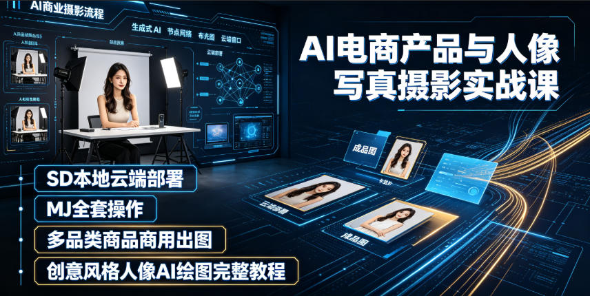 AI电商产品与人像写真摄影实战课｜SD本地云端部署、MJ全套操作、多品类商品商用出图、创意风格人像AI绘图完整教程-网创之家