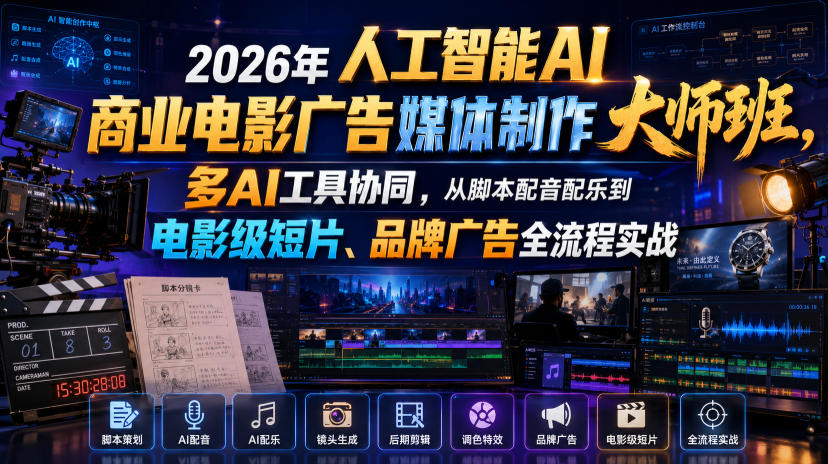 2026年人工智能AI商业电影广告媒体制作大师班，多AI工具协同，从脚本配音配乐到电影级短片、品牌广告全流程实战(中英字幕)-网创之家