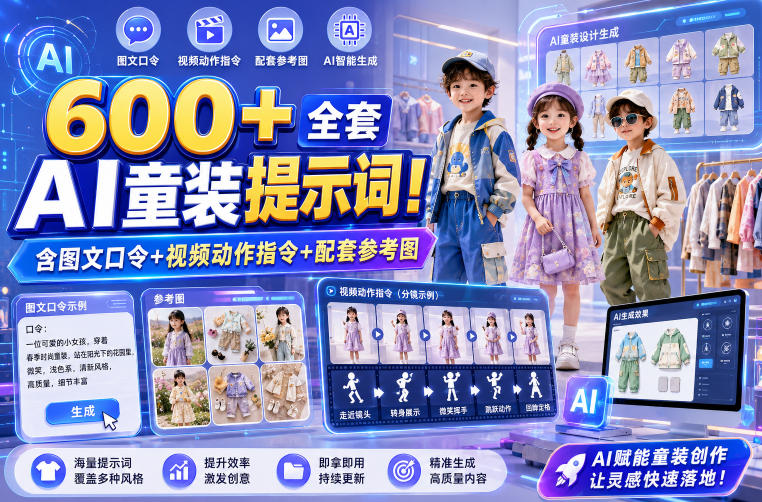600+全套AI童装提示词!含图文口令+视频动作指令+配套参考图,Word-Excel规整分类,童装电商、种草无脑量产内容!-网创之家