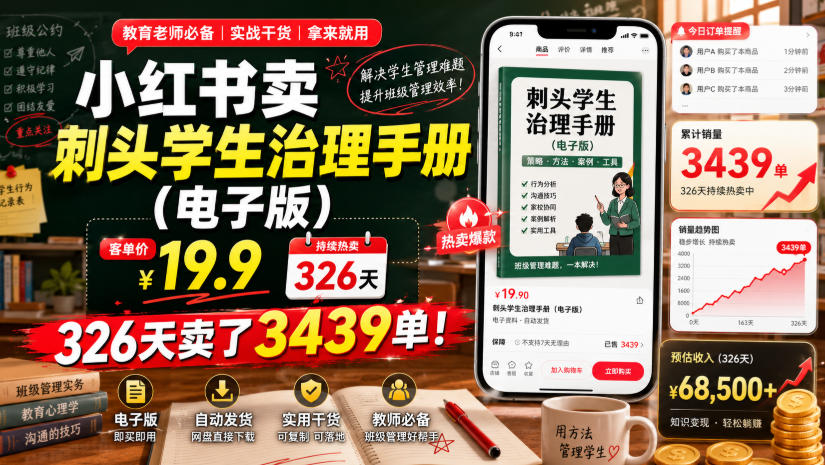 小红书卖刺头学生治理手册(电子版)，客单价19.9，326天卖了3439单！-网创之家