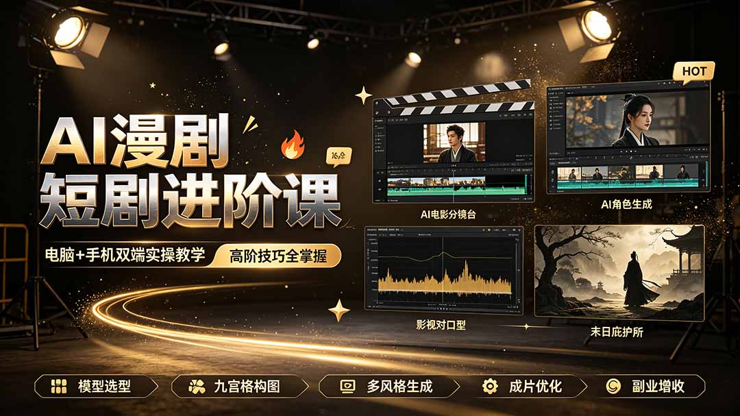 AI漫剧短剧进阶课｜电脑+手机双端实操教学｜影视剧对口型人物吃瓜×解压末日庇护所全程讲解，高阶技巧全掌握-网创之家