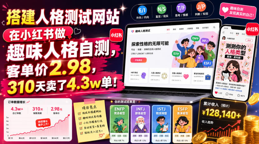 搭建人格测试网站在小红书做趣味人格自测，客单价2.98，310天卖了4.3w单！-网创之家
