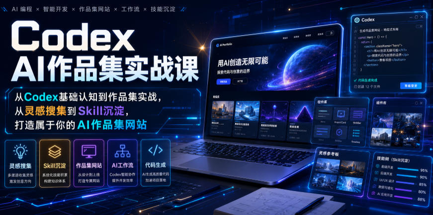 Codex AI作品集实战课，从Codex基础认知到作品集实战，从灵感搜集到Skill沉淀，打造属于你的AI作品集网站-网创之家