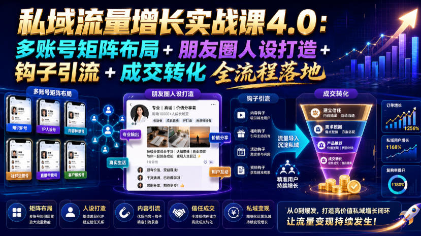 私域流量增长实战课4.0：多账号矩阵布局+朋友圈人设打造+钩子引流+成交转化全流程落地-网创之家