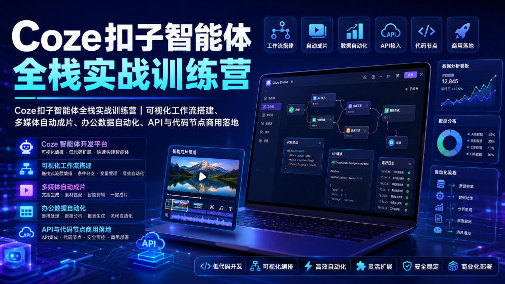 Coze扣子智能体全栈实战训练营｜可视化工作流搭建、多媒体自动成片、办公数据自动化、API与代码节点商用落地-网创之家