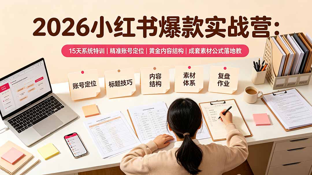 2026小红书爆款实战营：15天系统特训｜精准账号定位｜黄金内容结构｜成套素材公式落地教程-网创之家