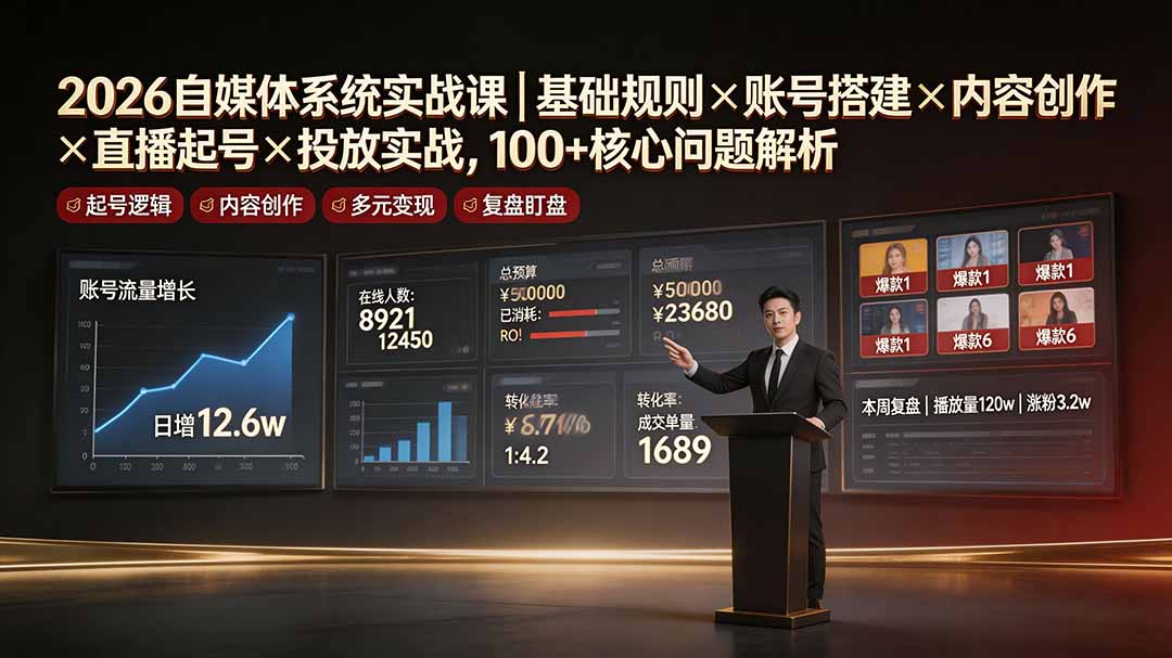2026自媒体系统实战课｜基础规则×账号搭建×内容创作×直播起号×投放实战，100+核心问题解析-网创之家