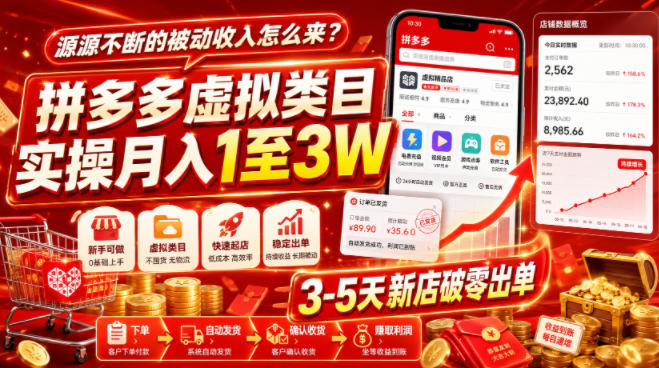 源源不断的被动收入怎么来？拼多多虚拟类目实操月入1至3W，3-5天新店破零出单-网创之家