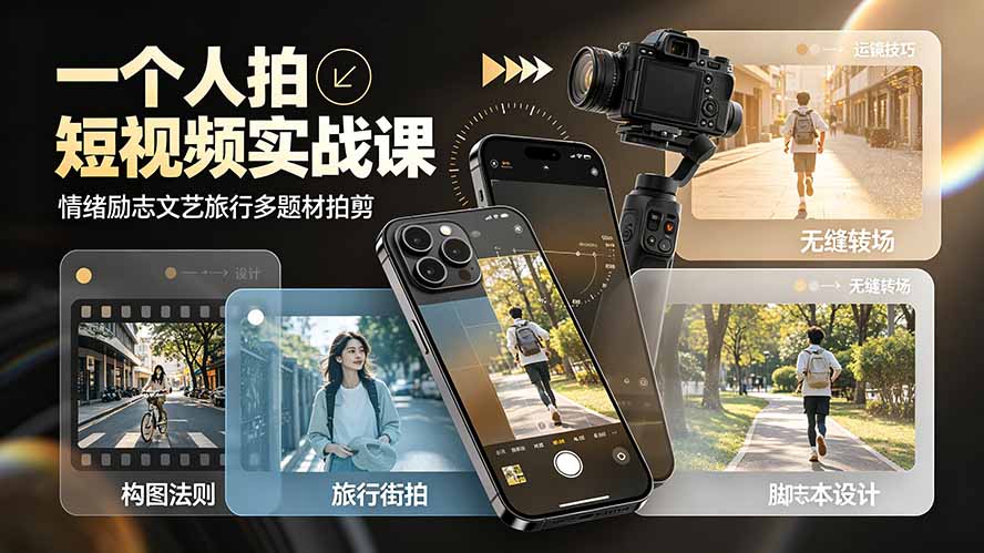 一个人拍短视频实战课：情绪励志文艺旅行多题材×五大景别×黄金构图×八大运镜，从拍摄到成片高效创作-网创之家