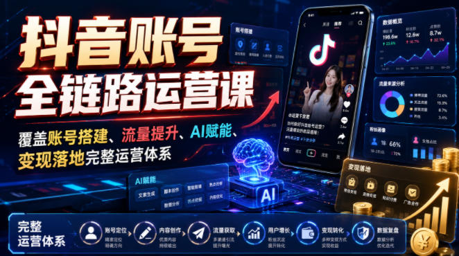 抖音账号全链路运营课，覆盖账号搭建、流量提升、AI赋能、变现落地完整运营体系-网创之家