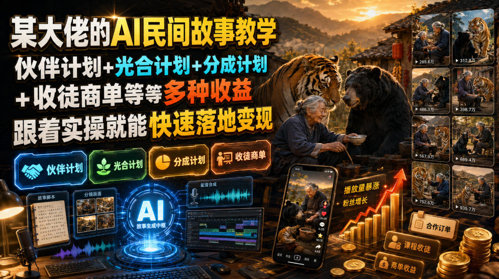 某大佬的AI民间故事教学，伙伴计划+光合计划+分成计划+收徒商单等多种收益，跟着实操就能快速落地变现-网创之家