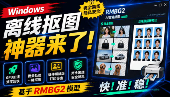 Windows离线抠图神器来了！支持批量抠图+证件照排版打印，基于RMBG2模型，GPU加速方块AI抠图-网创之家