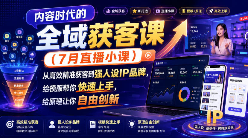 内容时代的全域获客课(7月直播小课)，从高效精准获客到强人设IP品牌，给模版帮你快速上手，给原理让你自由创新-网创之家