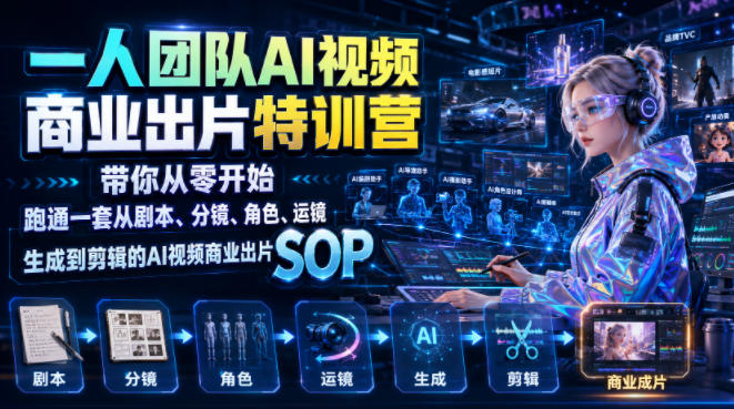 一人团队AI视频商业出片实战课:带你从零开始跑通一套从剧本、分镜、角色、运镜、生成到剪辑的AI视频商业出片SOP-网创之家