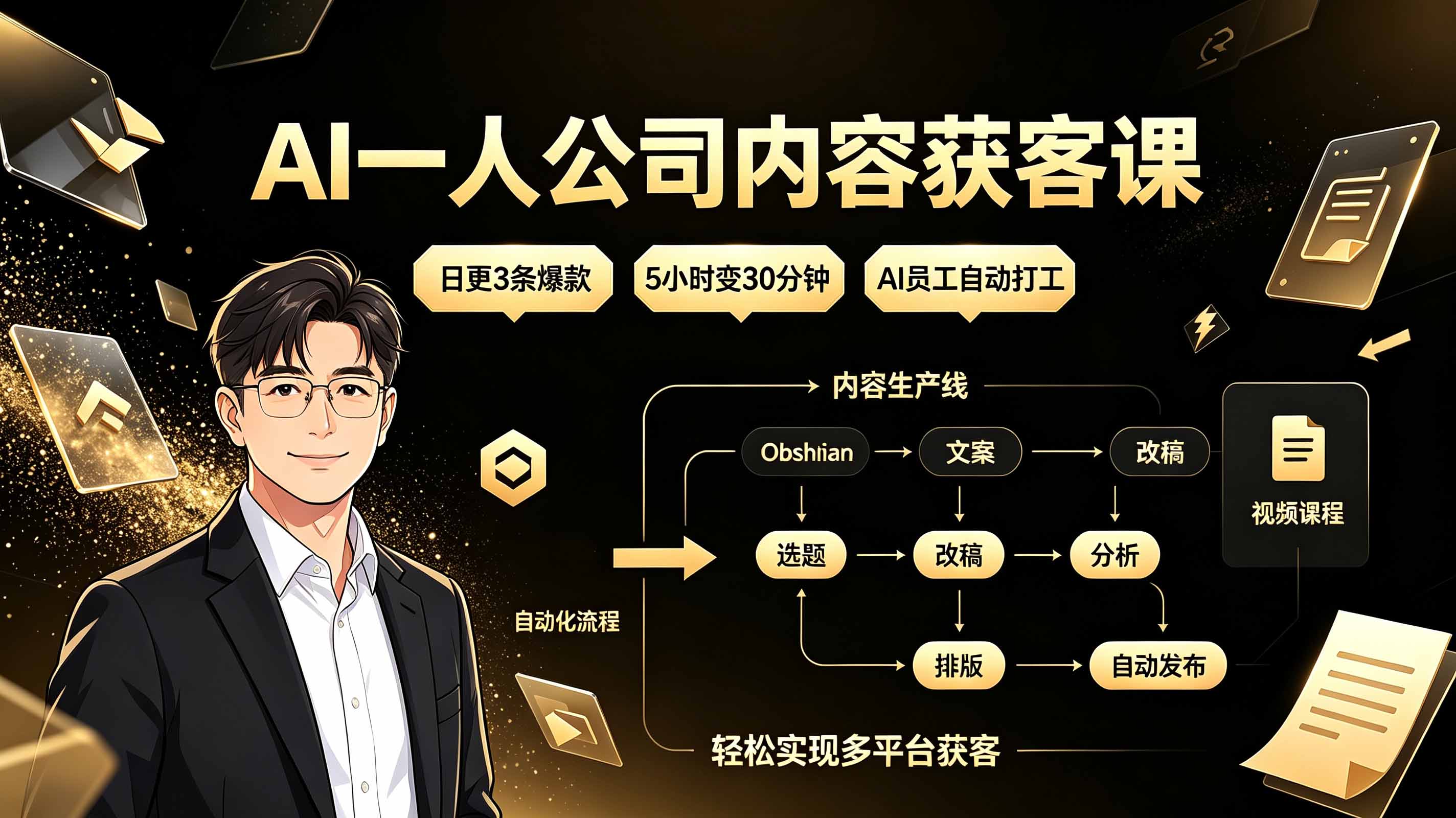 AI一人公司内容获客课：日更3条爆款×5小时变30分钟×AI员工自动打工，轻松实现多平台获客-网创之家