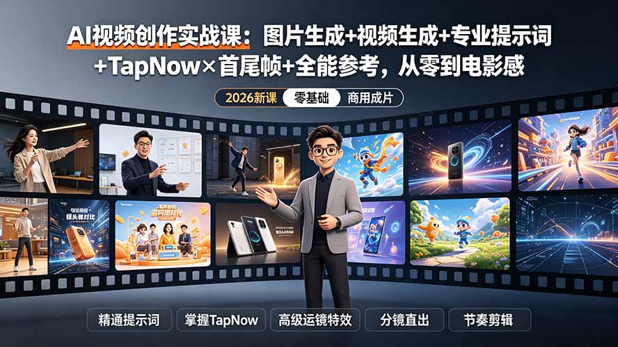AI视频创作实战课：图片生成+视频生成+专业提示词+TapNow×首尾帧+全能参考，从零到电影感成片-网创之家