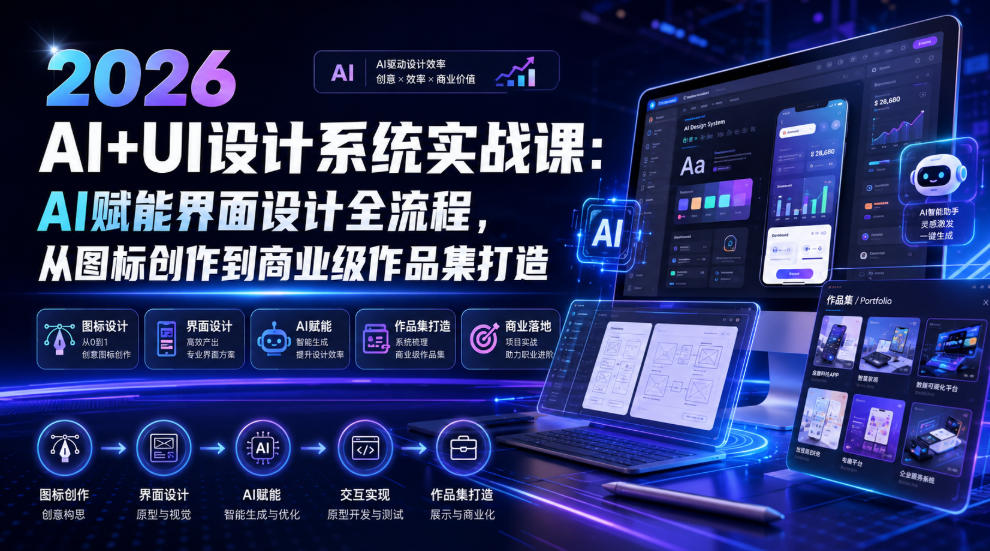2026 AI+UI设计系统实战课：AI赋能界面设计全流程，从图标创作到商业级作品集打造-网创之家