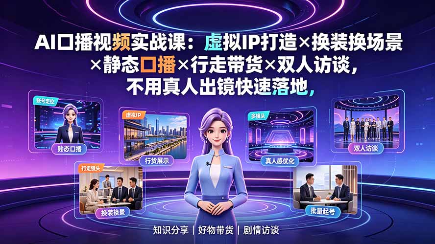 AI口播视频实战课：虚拟IP打造×换装换场景×静态口播×行走带货×双人访谈，不用真人出镜快速落地-网创之家