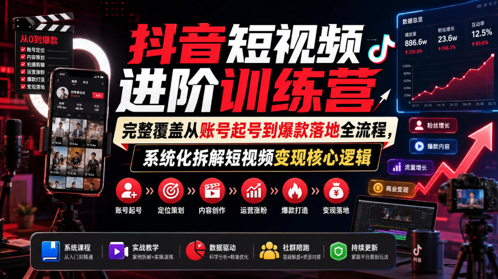 抖音短视频进阶训练营，完整覆盖从账号起号到爆款落地全流程，系统化拆解短视频变现核心逻辑-网创之家