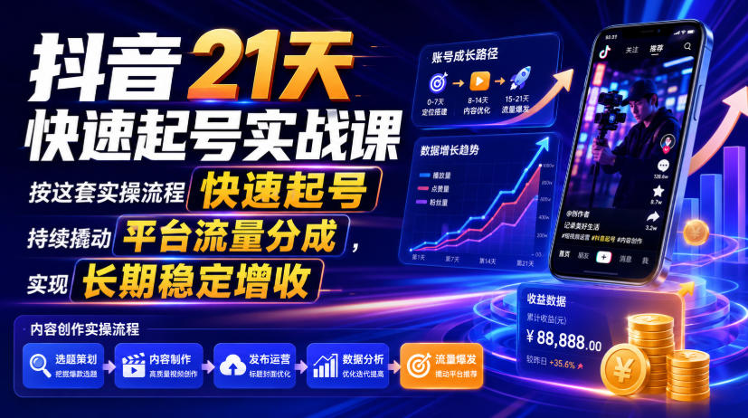 抖音21天快速起号实战课，按这套实操流程快速起号，持续撬动平台流量分成，实现长期稳定增收-网创之家