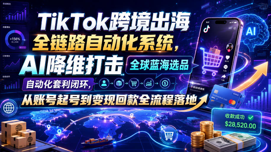 TikTok跨境出海全链路自动化系统，AI降维打击全球蓝海选品自动化套利闭环，从账号起号到变现回款全流程落地(2026年7月)-网创之家