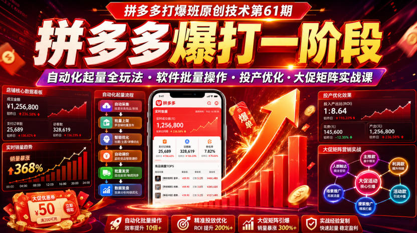 拼多多打爆班原创技术第61期，拼多多爆打一阶段，自动化起量全玩法・软件批量操作・投产优化・大促矩阵实战课-网创之家