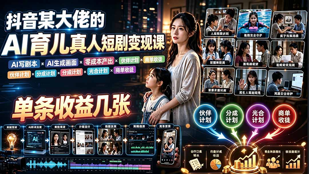 AI育儿真人短剧变现课：AI写剧本×AI生成画面×零成本产出×伙伴计划×分成计划×光合计划×商单收徒-网创之家