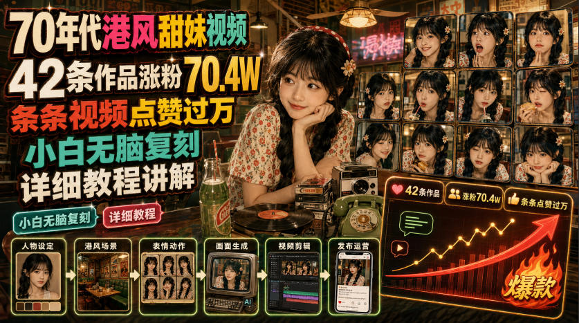 70年代港风甜妹视频，42条作品涨粉70.4W，条条视频点赞过万，小白无脑复刻，详细教程讲解-网创之家
